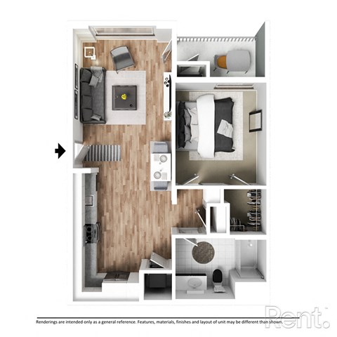 Floor plan for 1 bed, 1 bath, 745 sqft